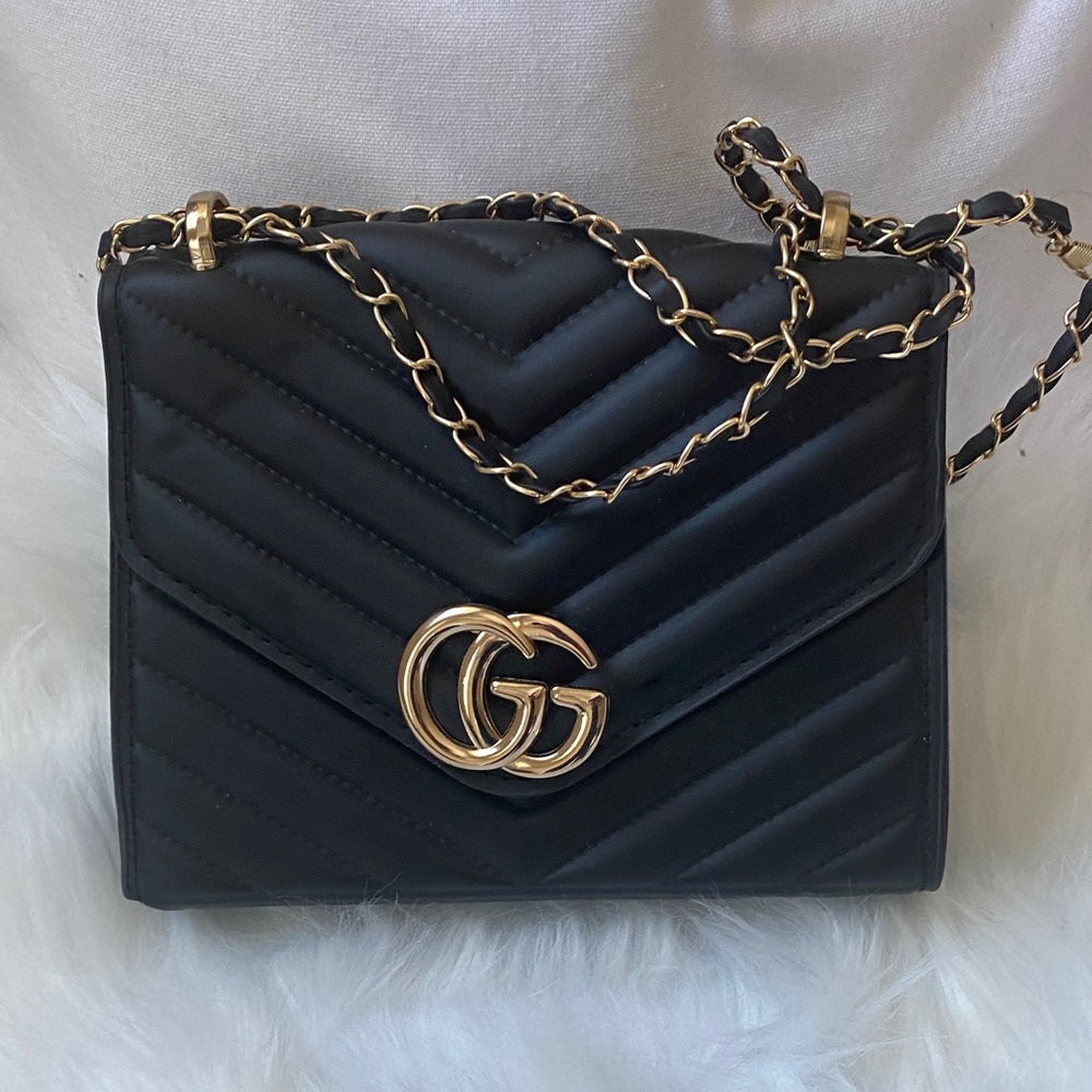 Black Quilted Chain Shoulder Bag with Gold Hardware